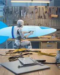 A robot using tools to work on a rocket.
